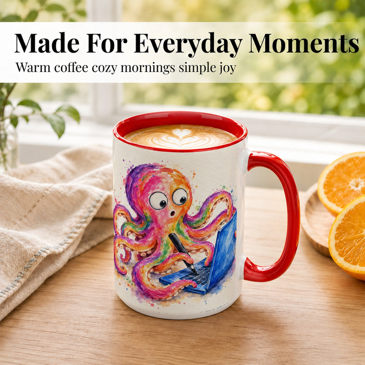 #pl[15oz|Red] Rainbow Octopus Coffee Mug, Funny Sea Creature Mug, Ceramic Cup