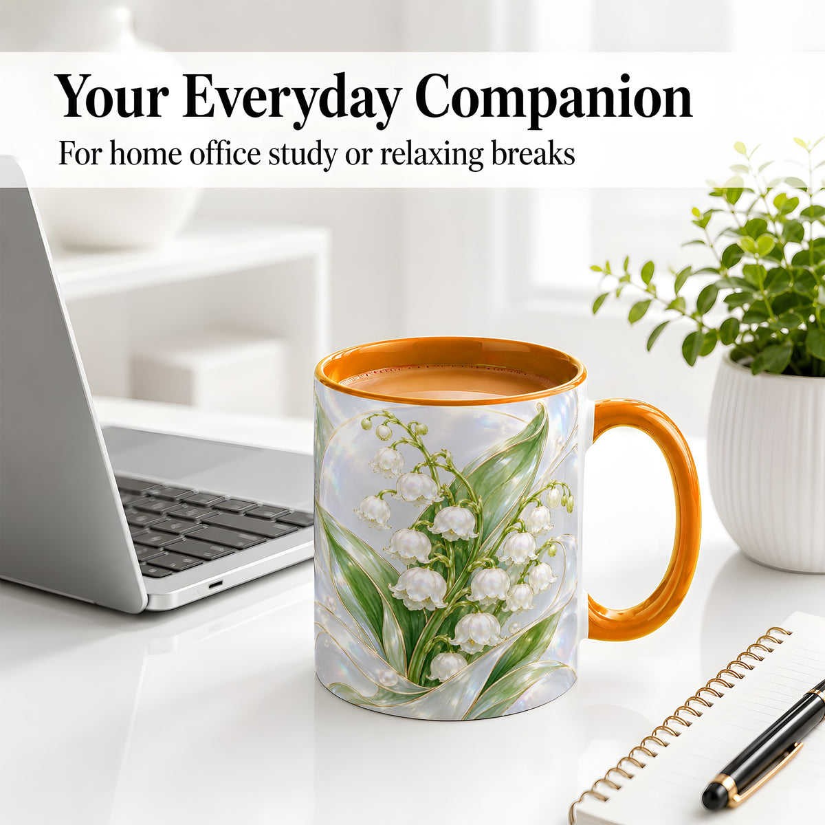 #pl[11oz|Orange] Iridescent Lily of the Valley Accent Mug, Ceramic Floral Drinkware