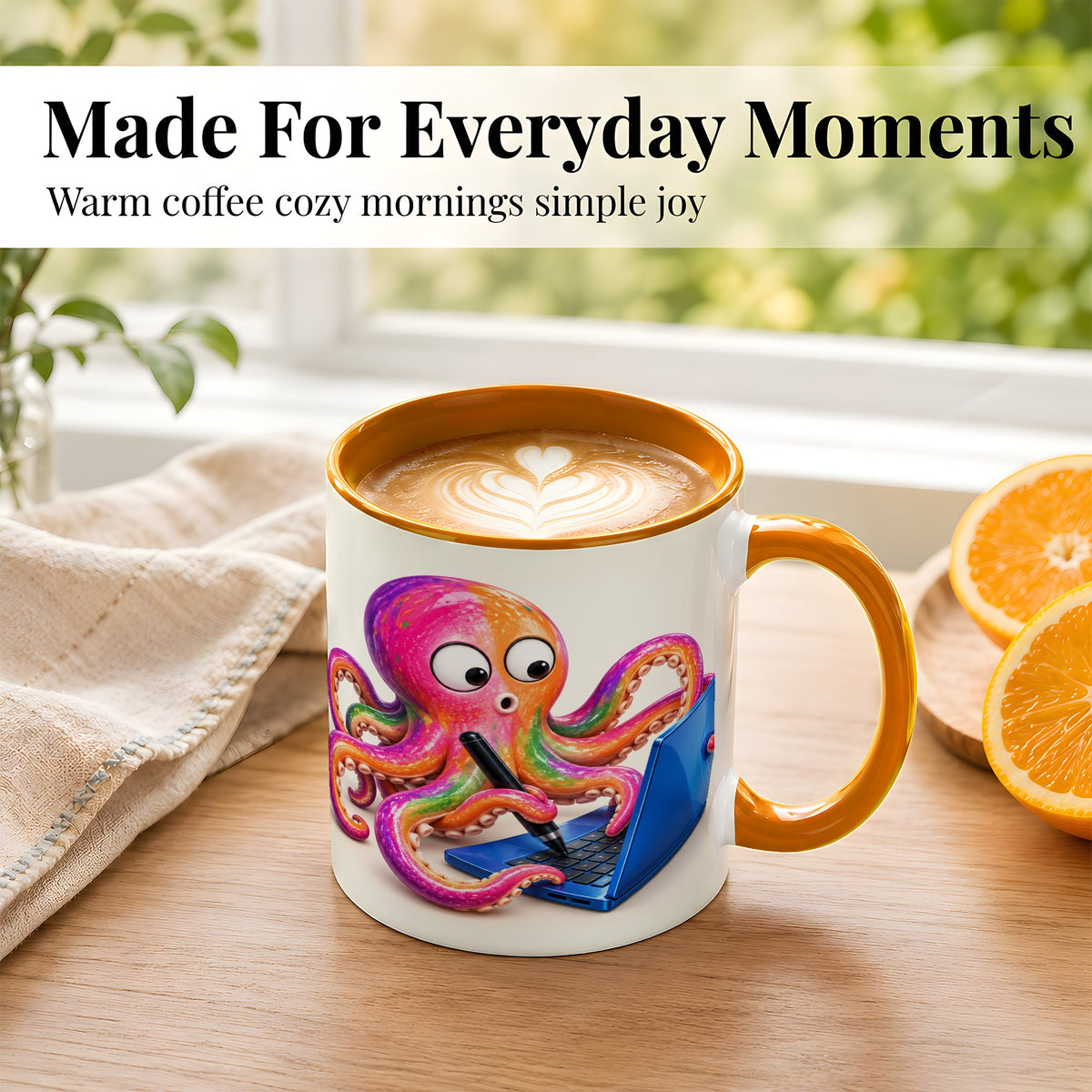 #pl[11oz|Orange] Funny Octopus Coffee Mug, Rainbow Cartoon Sea Animal Mug, Ceramic Cup