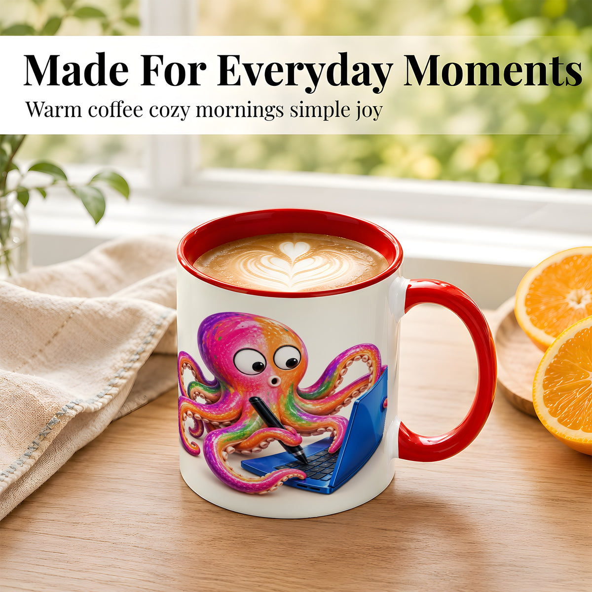 #pl[11oz|Red] Funny Octopus Coffee Mug, Rainbow Cartoon Sea Animal Mug, Ceramic Cup