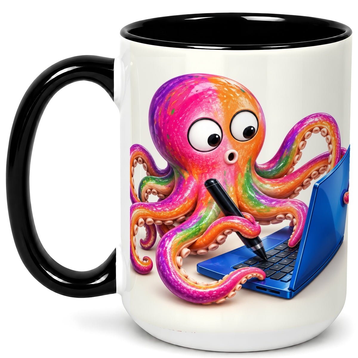 #pl[15oz|Black] Funny Octopus Coffee Mug, Rainbow Cartoon Sea Animal Mug, Ceramic Cup