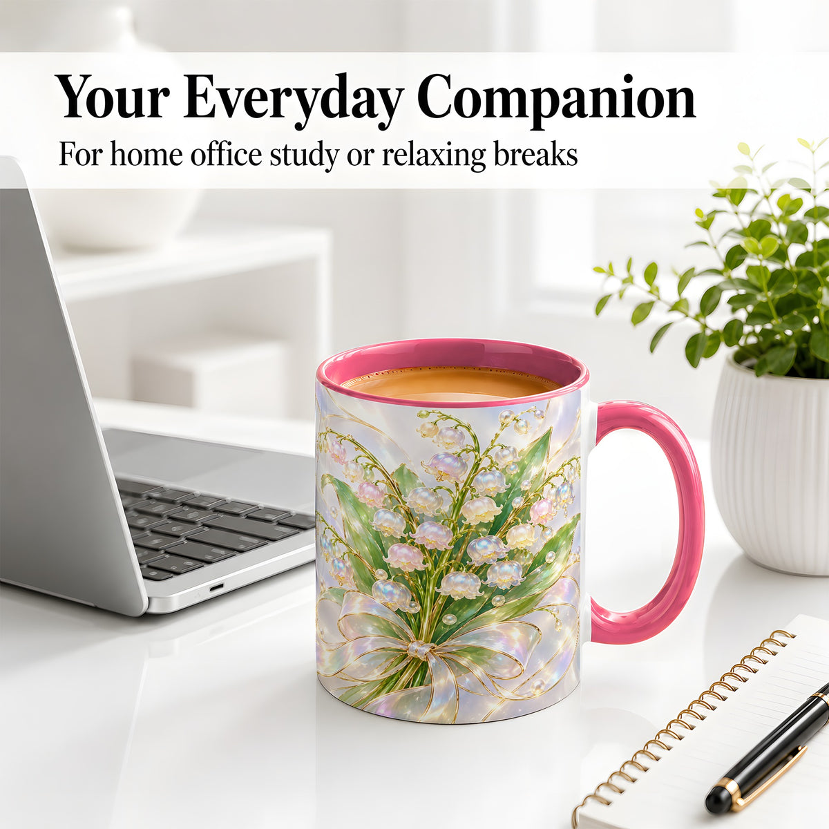 #pl[11oz|Pink] Lily of the Valley Bouquet Accent Mug, Ceramic Floral Drinkware