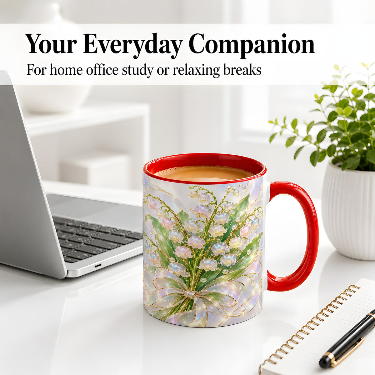 #pl[11oz|Red] Lily of the Valley Bouquet Accent Mug, Ceramic Floral Drinkware