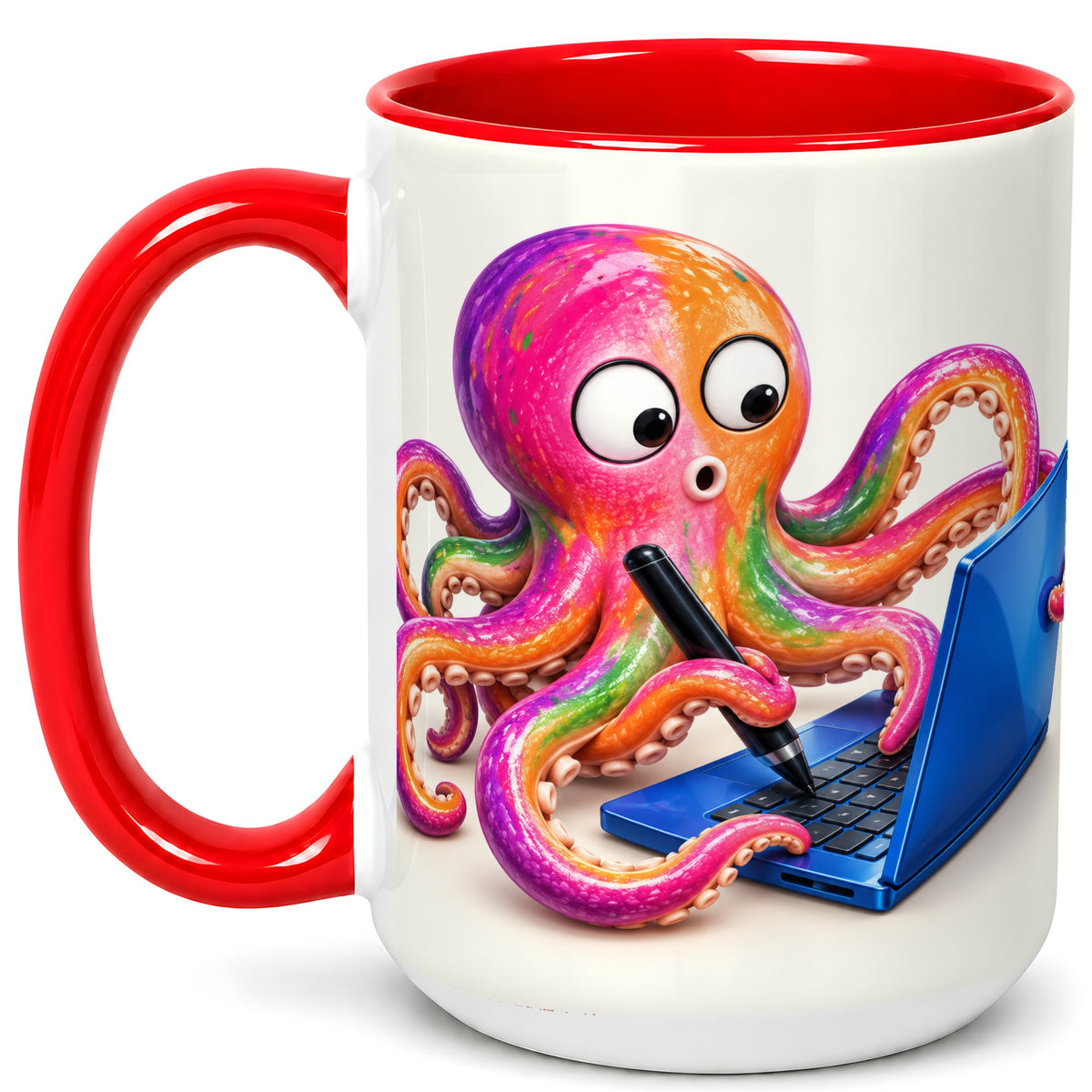 #pl[15oz|Red] Funny Octopus Coffee Mug, Rainbow Cartoon Sea Animal Mug, Ceramic Cup