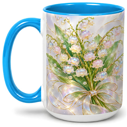 #pl[15oz|Blue] Lily of the Valley Bouquet Accent Mug, Ceramic Floral Drinkware