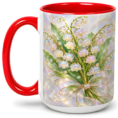 #pl[15oz|Red] Lily of the Valley Bouquet Accent Mug, Ceramic Floral Drinkware