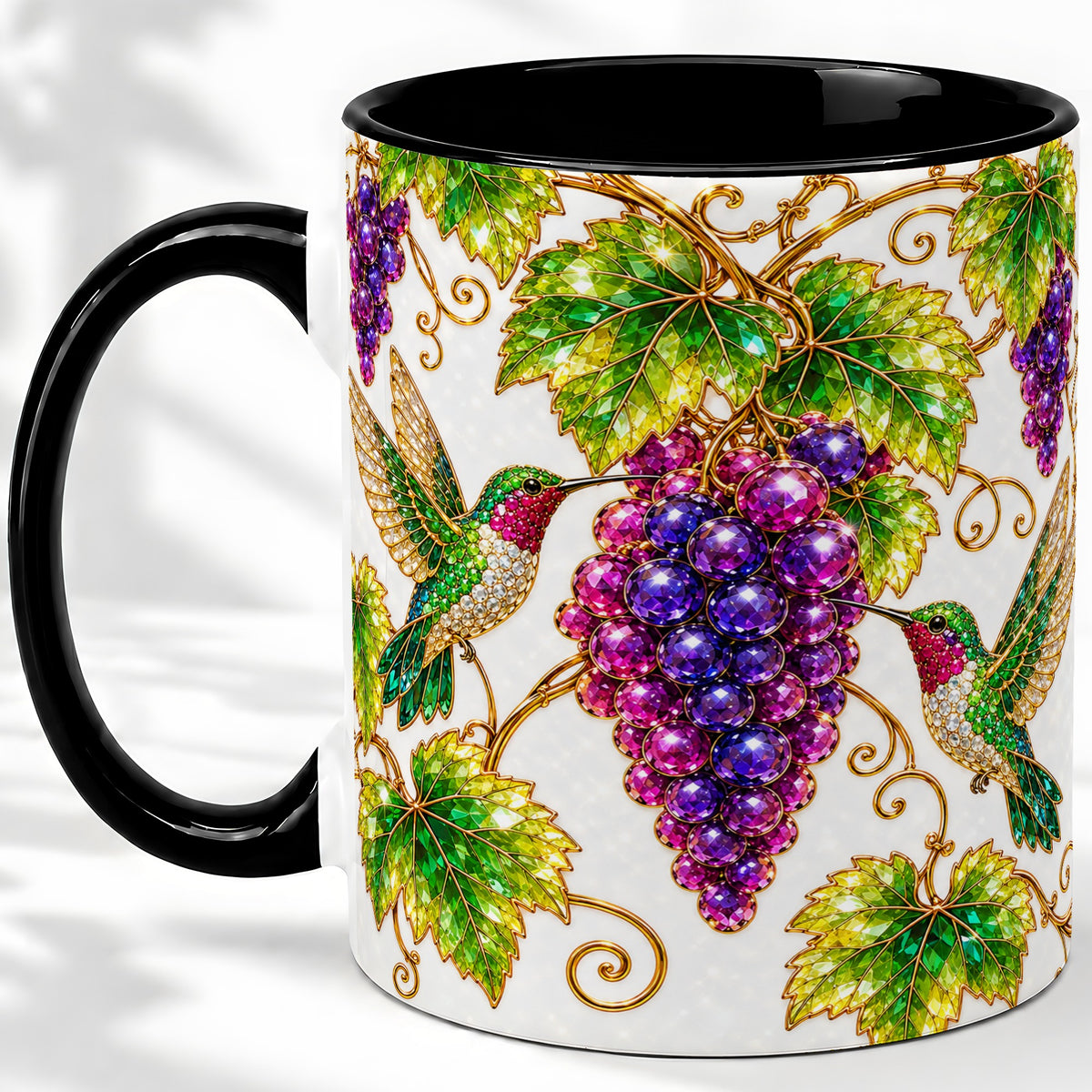 #pl[11oz|Black] Hummingbird Grape Vine Accent Mug, Ceramic Botanical Drinkware