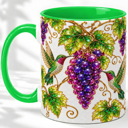 #pl[11oz|Green] Hummingbird Grape Vine Accent Mug, Ceramic Botanical Drinkware