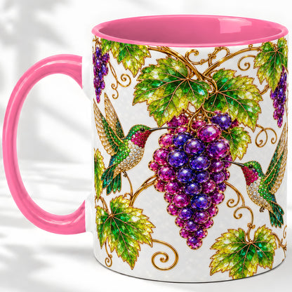 #pl[11oz|Pink] Hummingbird Grape Vine Accent Mug, Ceramic Botanical Drinkware