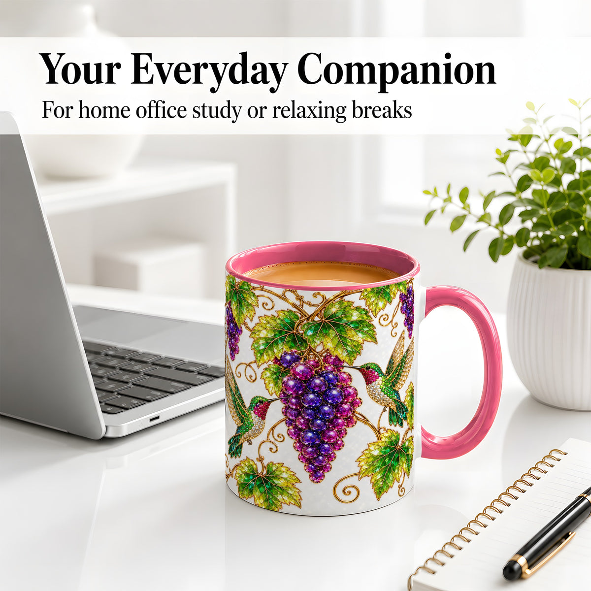 #pl[11oz|Pink] Hummingbird Grape Vine Accent Mug, Ceramic Botanical Drinkware