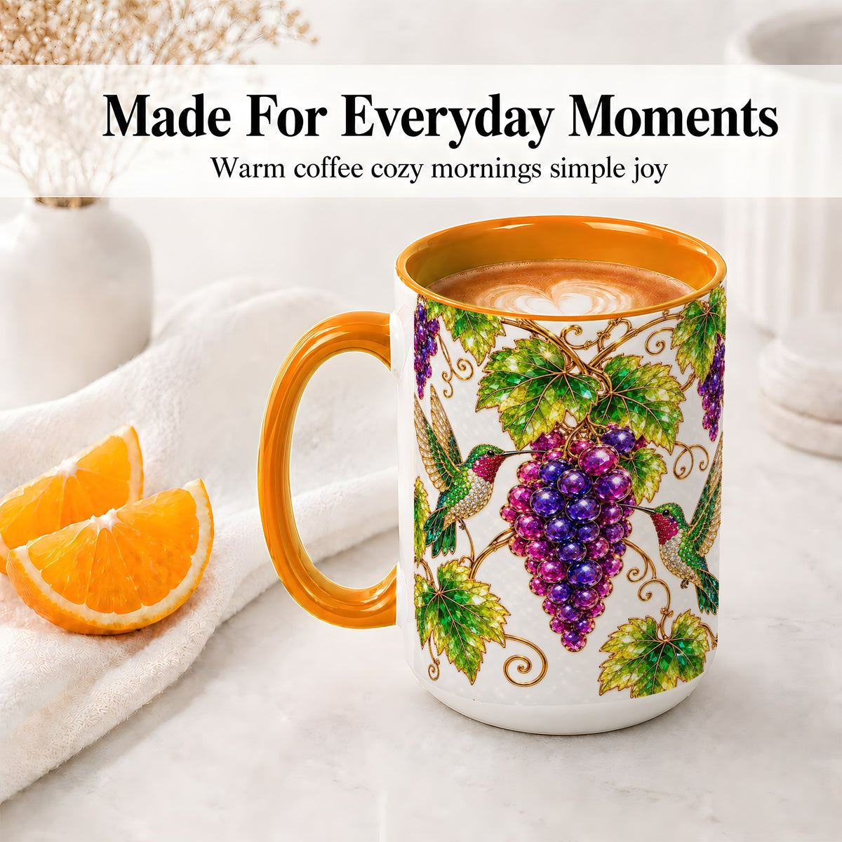 #pl[15oz|Orange] Hummingbird Grape Vine Accent Mug, Ceramic Botanical Drinkware