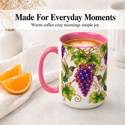 #pl[15oz|Pink] Hummingbird Grape Vine Accent Mug, Ceramic Botanical Drinkware