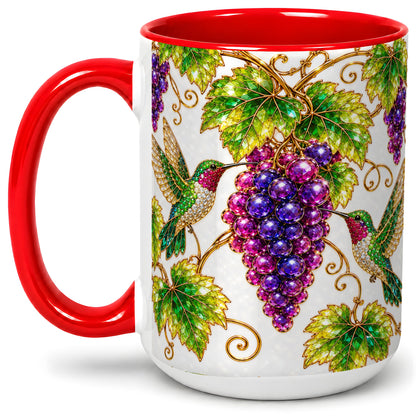 #pl[15oz|Red] Hummingbird Grape Vine Accent Mug, Ceramic Botanical Drinkware