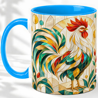 #pl[11oz|Blue] Art Deco Rooster Accent Mug, Ceramic Geometric Drinkware for Home