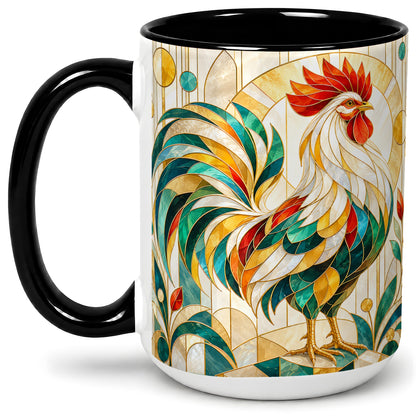 #pl[15oz|Black] Art Deco Rooster Accent Mug, Ceramic Geometric Drinkware for Home