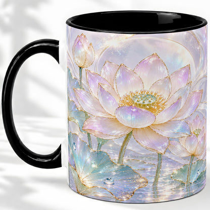 #pl[11oz|Black] Iridescent Lotus Flower Accent Mug, Ceramic Floral Drinkware