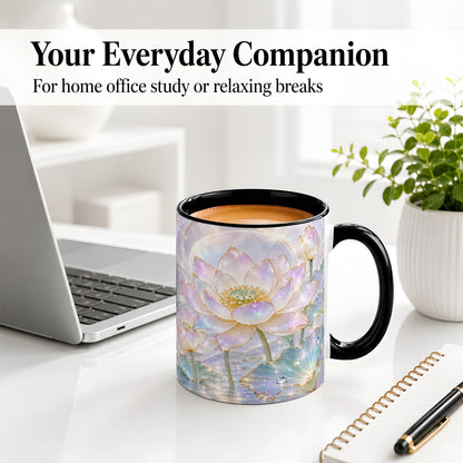 #pl[11oz|Black] Iridescent Lotus Flower Accent Mug, Ceramic Floral Drinkware