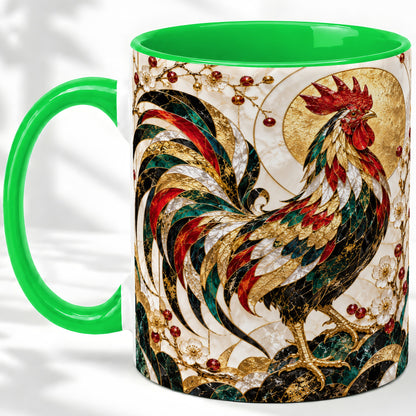 #pl[11oz|Green] Ornate Rooster Floral Accent Mug, Ceramic Geometric Drinkware