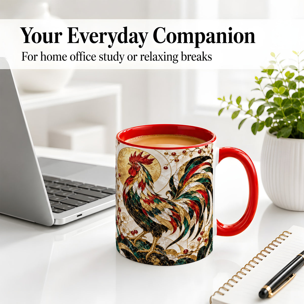 #pl[11oz|Red] Ornate Rooster Floral Accent Mug, Ceramic Geometric Drinkware