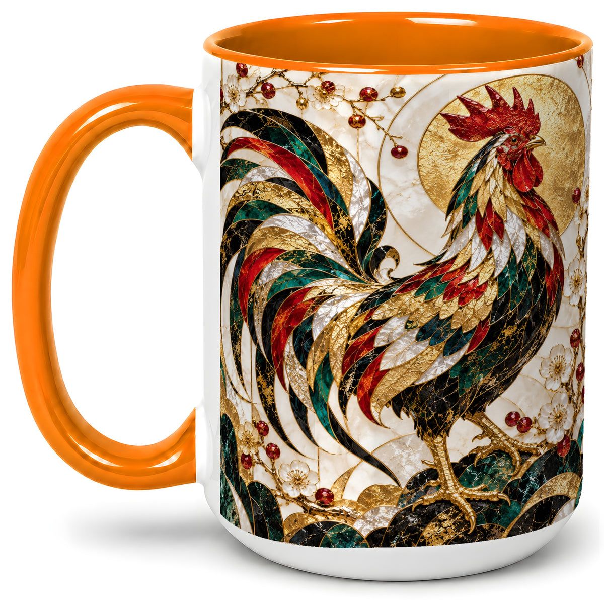 #pl[15oz|Orange] Ornate Rooster Floral Accent Mug, Ceramic Geometric Drinkware