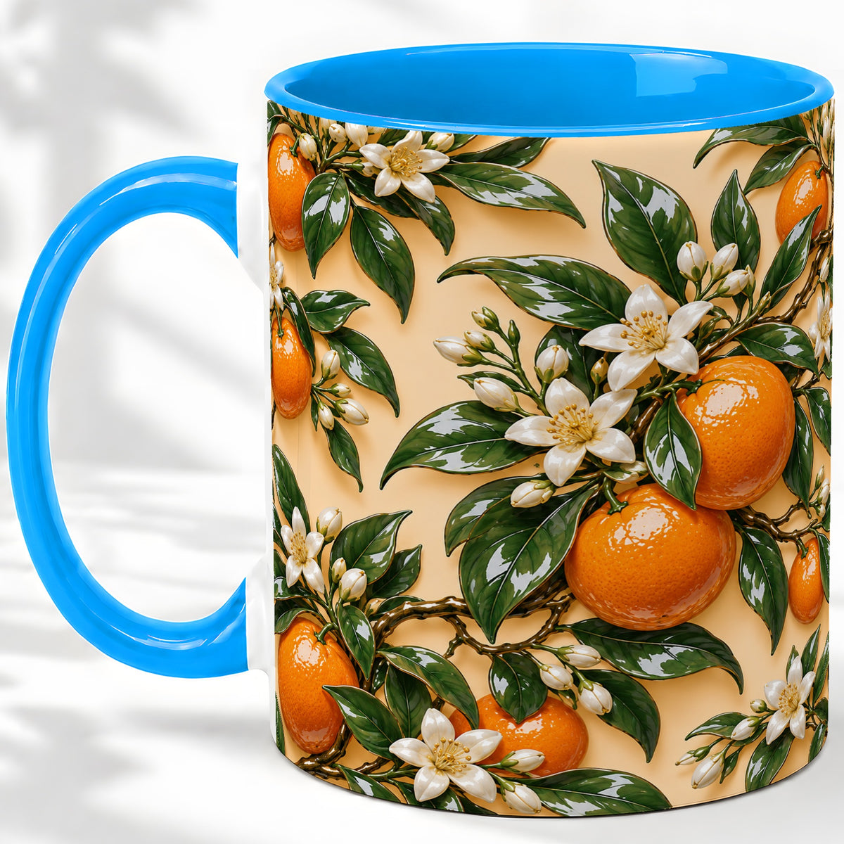#pl[11oz|Blue] Orange Blossom Citrus Accent Mug, Ceramic Botanical Drinkware