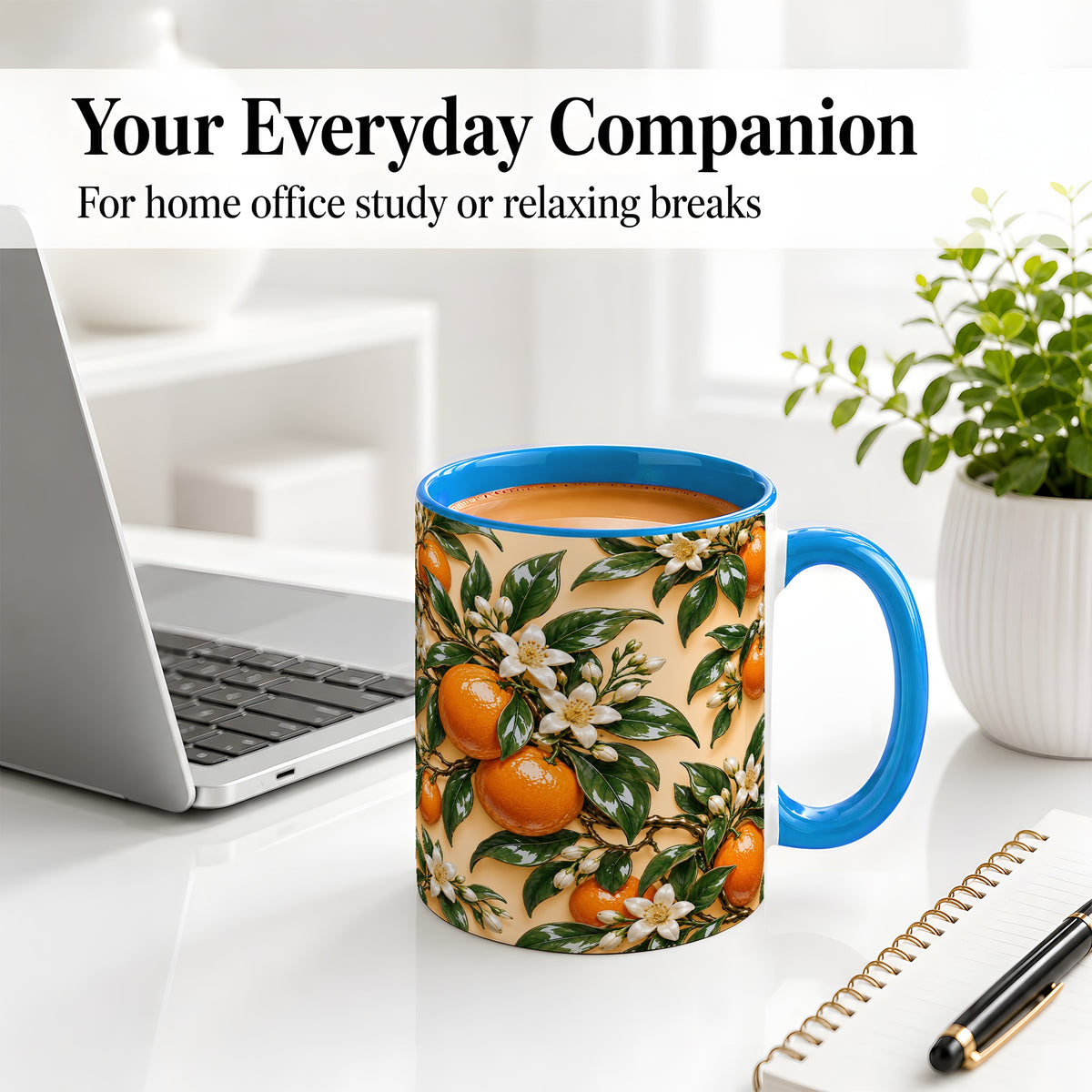 #pl[11oz|Blue] Orange Blossom Citrus Accent Mug, Ceramic Botanical Drinkware