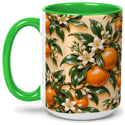 #pl[15oz|Green] Orange Blossom Citrus Accent Mug, Ceramic Botanical Drinkware