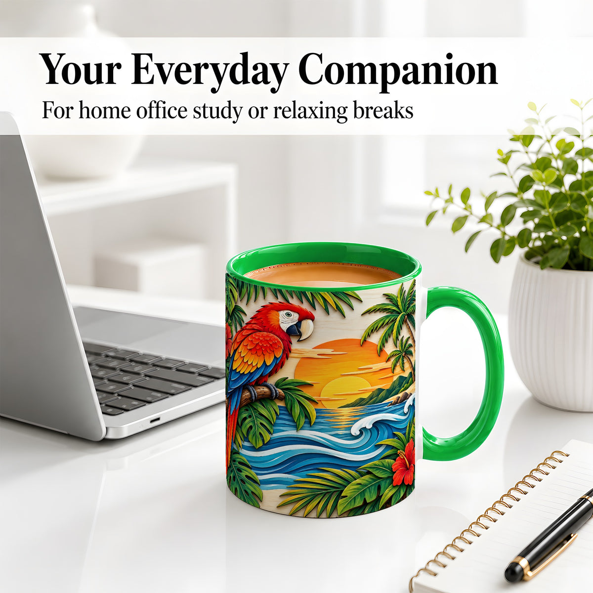 #pl[11oz|Green] Tropical Macaw Sunset Accent Mug, Ceramic Drinkware for Bird Lovers