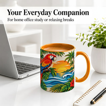 #pl[11oz|Orange] Tropical Macaw Sunset Accent Mug, Ceramic Drinkware for Bird Lovers