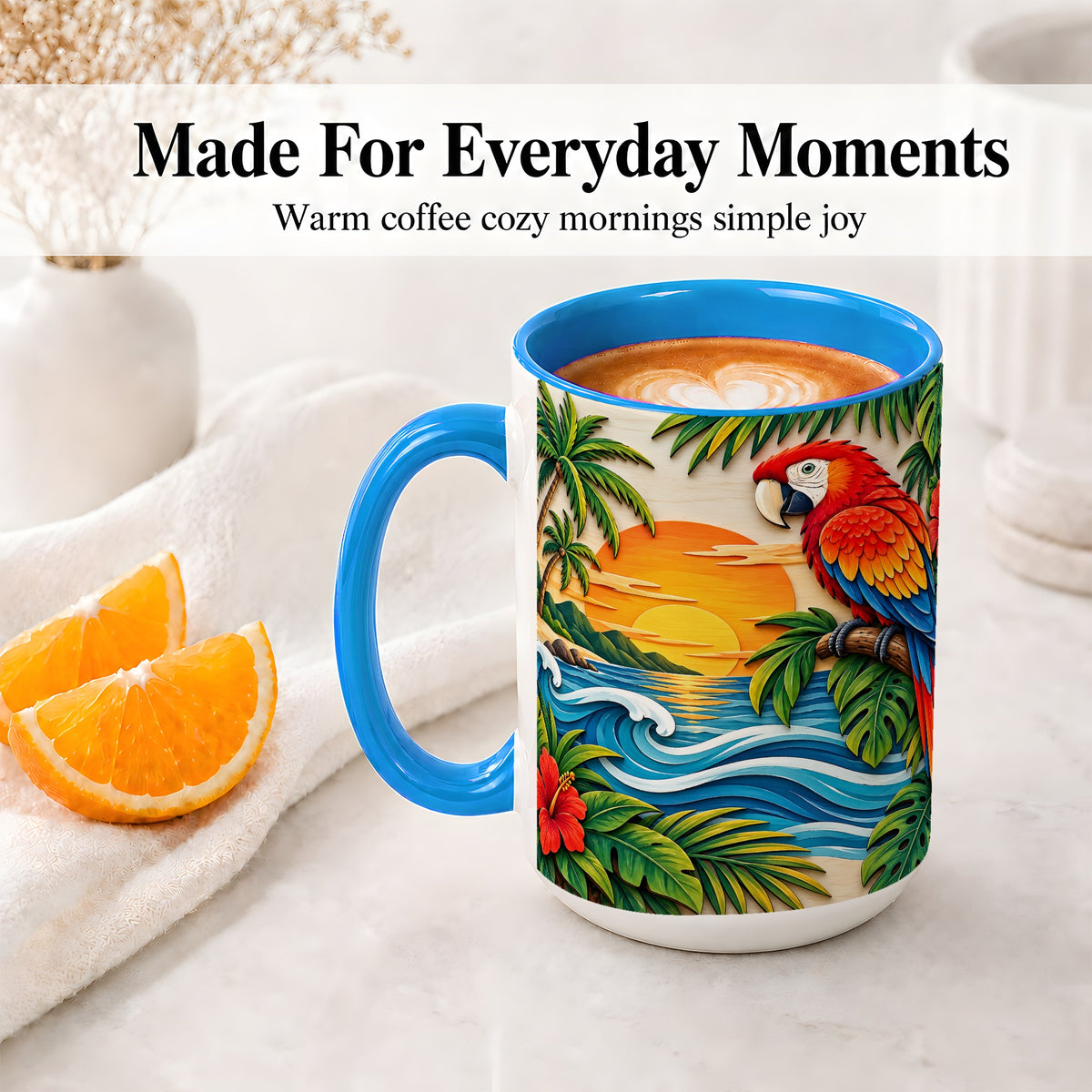 #pl[15oz|Blue] Tropical Macaw Sunset Accent Mug, Ceramic Drinkware for Bird Lovers