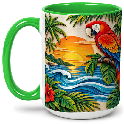 #pl[15oz|Green] Tropical Macaw Sunset Accent Mug, Ceramic Drinkware for Bird Lovers