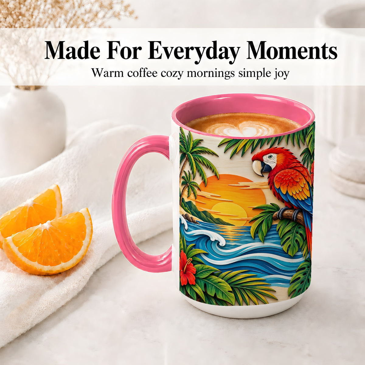 #pl[15oz|Pink] Tropical Macaw Sunset Accent Mug, Ceramic Drinkware for Bird Lovers