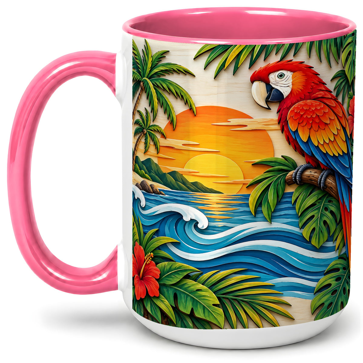 #pl[15oz|Pink] Tropical Macaw Sunset Accent Mug, Ceramic Drinkware for Bird Lovers