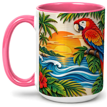 #pl[15oz|Pink] Tropical Macaw Sunset Accent Mug, Ceramic Drinkware for Bird Lovers