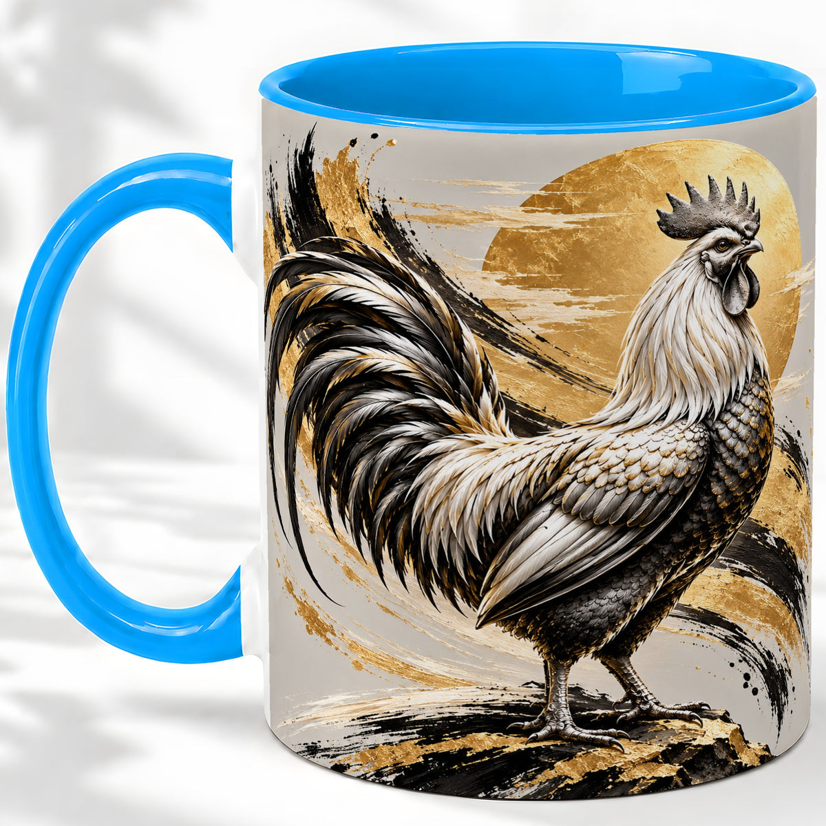 #pl[11oz|Blue] Black Gold Rooster Ceramic Mug for Rooster Lovers