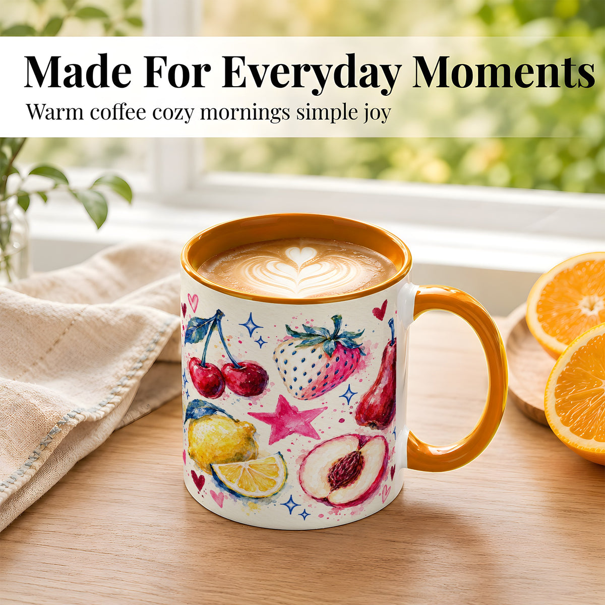 #pl[11oz|Orange] Watercolor Fruit Coffee Mug, Cherry Strawberry Lemon Mug, Ceramic Cup