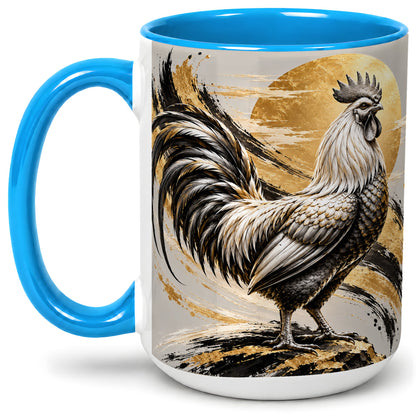 #pl[15oz|Blue] Black Gold Rooster Ceramic Mug for Rooster Lovers