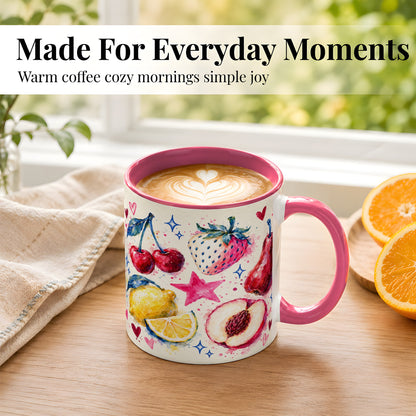 #pl[11oz|Pink] Watercolor Fruit Coffee Mug, Cherry Strawberry Lemon Mug, Ceramic Cup