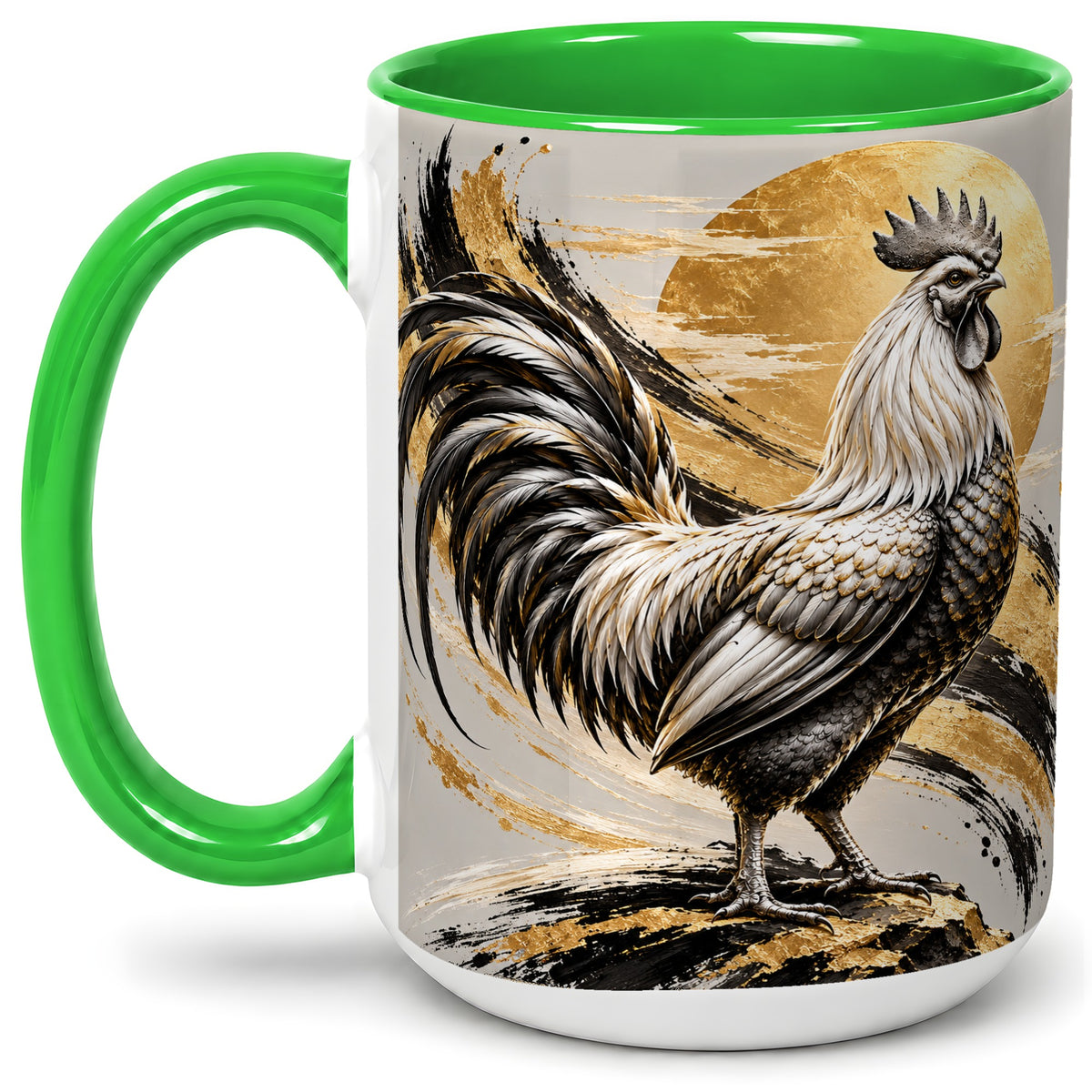 #pl[15oz|Green] Black Gold Rooster Ceramic Mug for Rooster Lovers