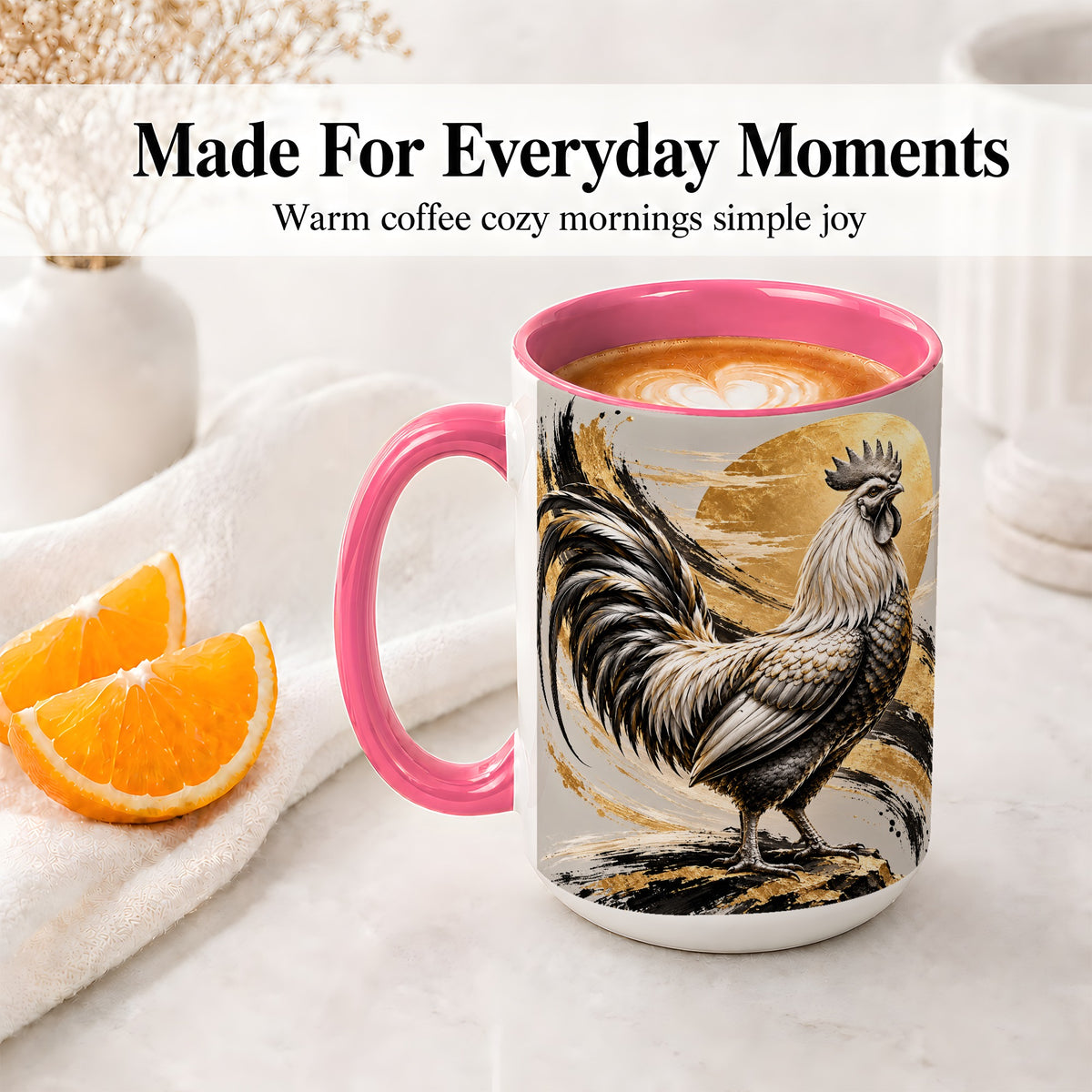 #pl[15oz|Pink] Black Gold Rooster Ceramic Mug for Rooster Lovers