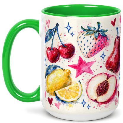 #pl[15oz|Green] Watercolor Fruit Coffee Mug, Cherry Strawberry Lemon Mug, Ceramic Cup