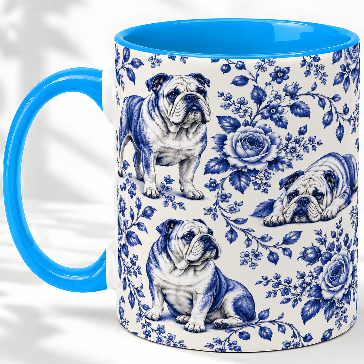 #pl[11oz|Blue] Blue Floral Bulldog Ceramic Mug for Bulldog Lovers