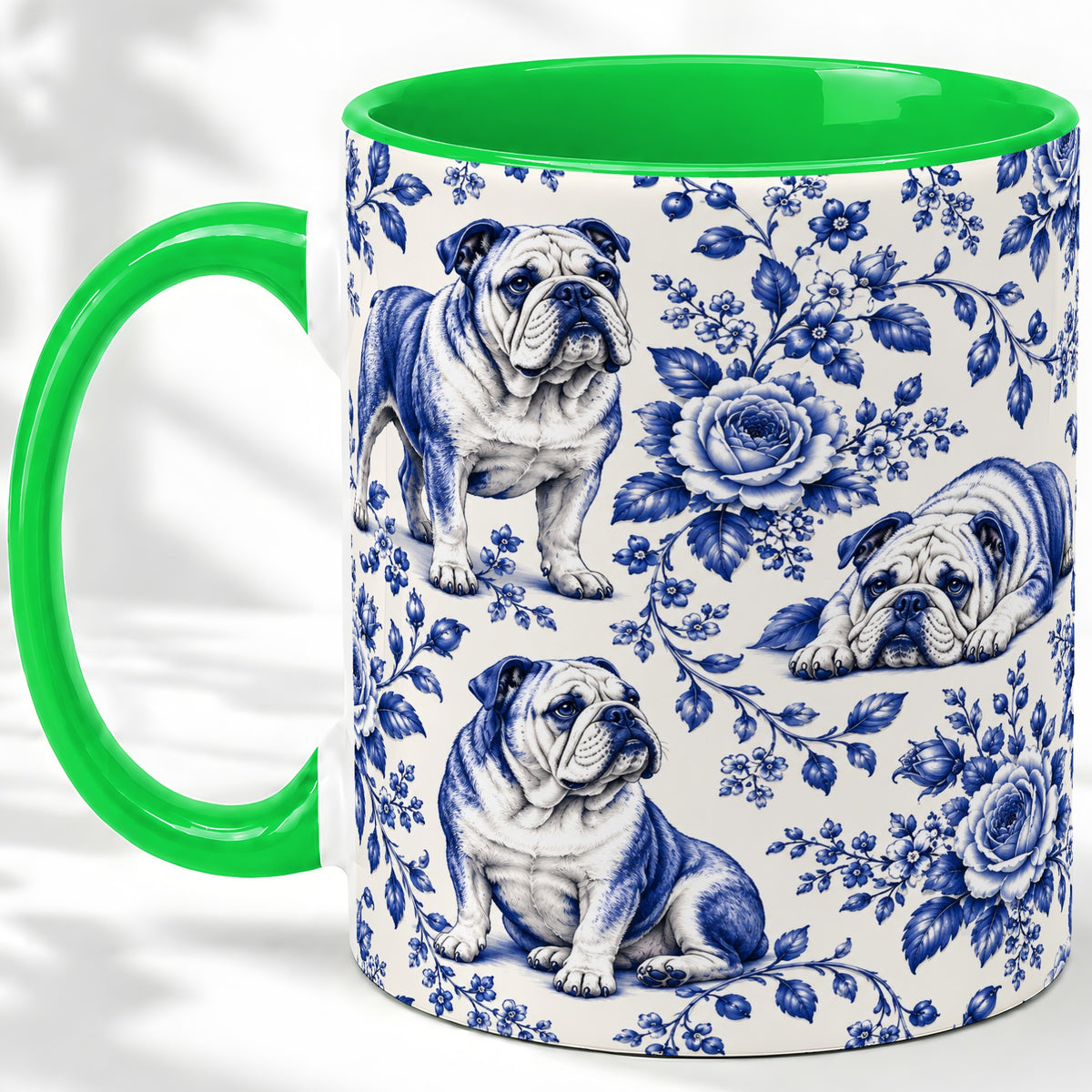 #pl[11oz|Green] Blue Floral Bulldog Ceramic Mug for Bulldog Lovers