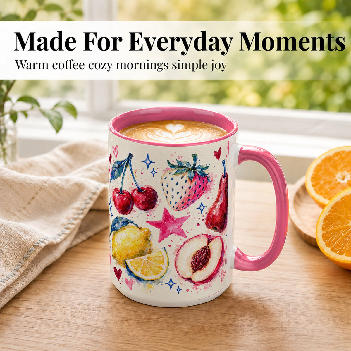 #pl[15oz|Pink] Watercolor Fruit Coffee Mug, Cherry Strawberry Lemon Mug, Ceramic Cup