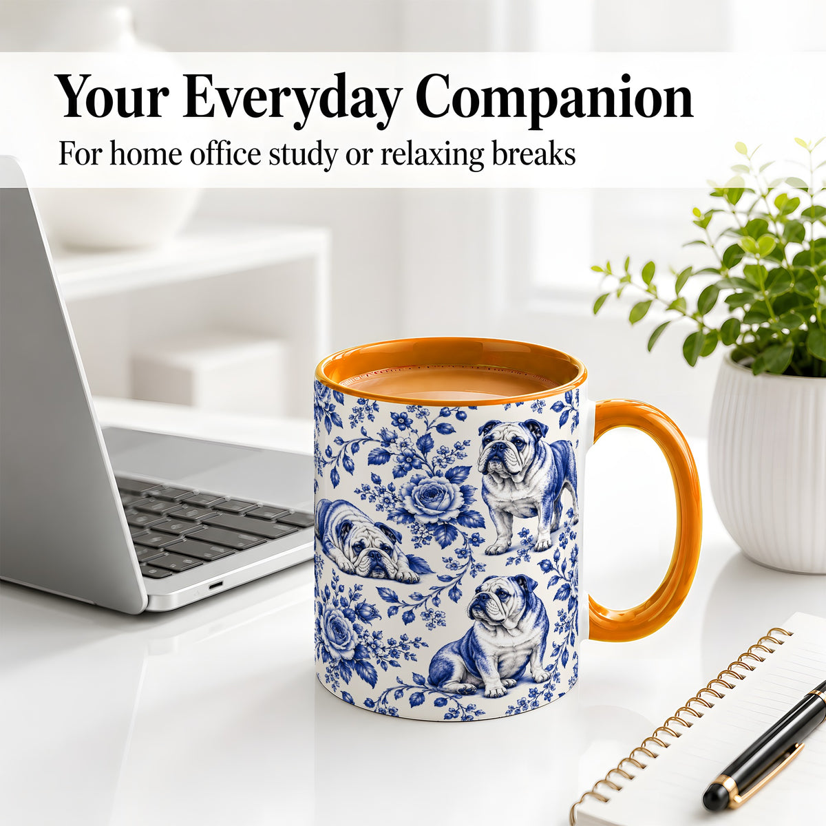 #pl[11oz|Orange] Blue Floral Bulldog Ceramic Mug for Bulldog Lovers