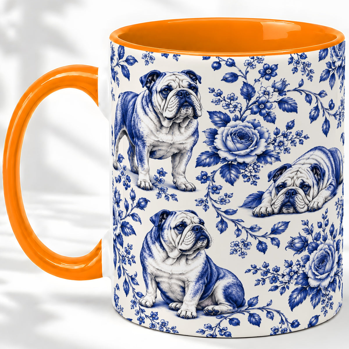 #pl[11oz|Orange] Blue Floral Bulldog Ceramic Mug for Bulldog Lovers