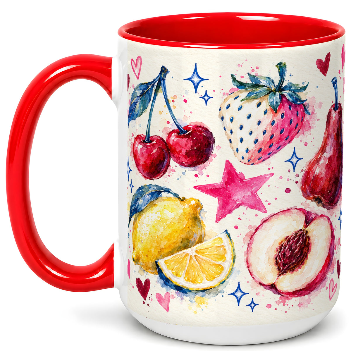 #pl[15oz|Red] Watercolor Fruit Coffee Mug, Cherry Strawberry Lemon Mug, Ceramic Cup