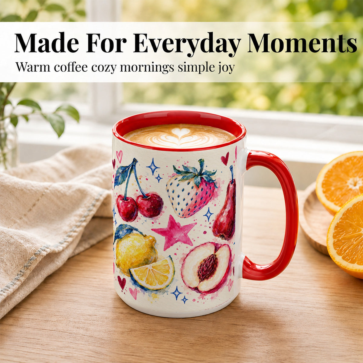 #pl[15oz|Red] Watercolor Fruit Coffee Mug, Cherry Strawberry Lemon Mug, Ceramic Cup