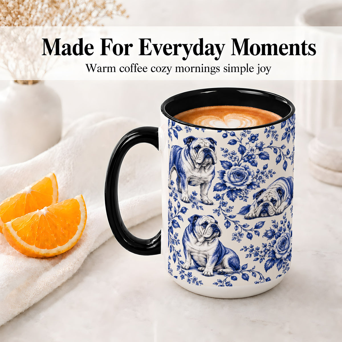#pl[15oz|Black] Blue Floral Bulldog Ceramic Mug for Bulldog Lovers