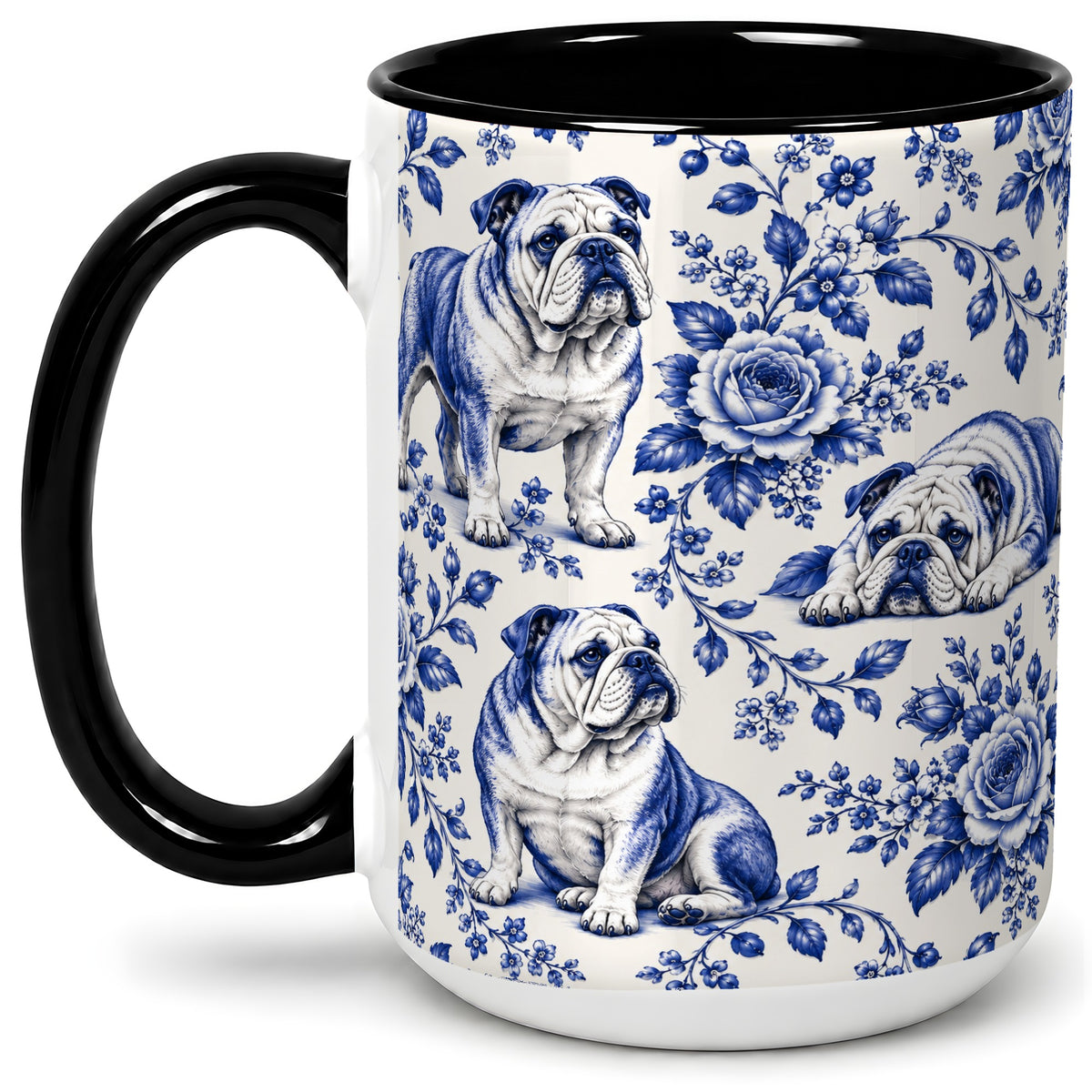#pl[15oz|Black] Blue Floral Bulldog Ceramic Mug for Bulldog Lovers